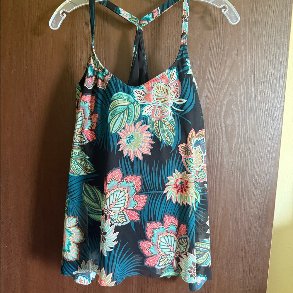 Coco Reef Tropical Floral Mesh Tankini top - Black and Pink Size 38D